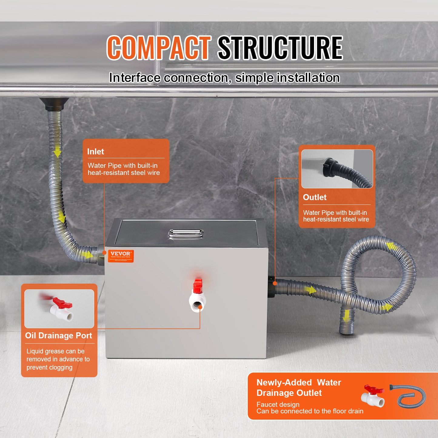 VEVOR Commercial Grease Trap, 3.6 kg Grease Interceptor, Side Inlet Interceptor, Under Sink Stainless Steel Grease Trap, 2.8 GPM Waste Water Oil-water Separator, for Restaurant Canteen Home Kitchen