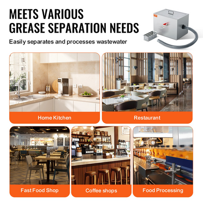 VEVOR Commercial Grease Trap, 3.6 kg Grease Interceptor, Side Inlet Interceptor, Under Sink Stainless Steel Grease Trap, 2.8 GPM Waste Water Oil-water Separator, for Restaurant Canteen Home Kitchen