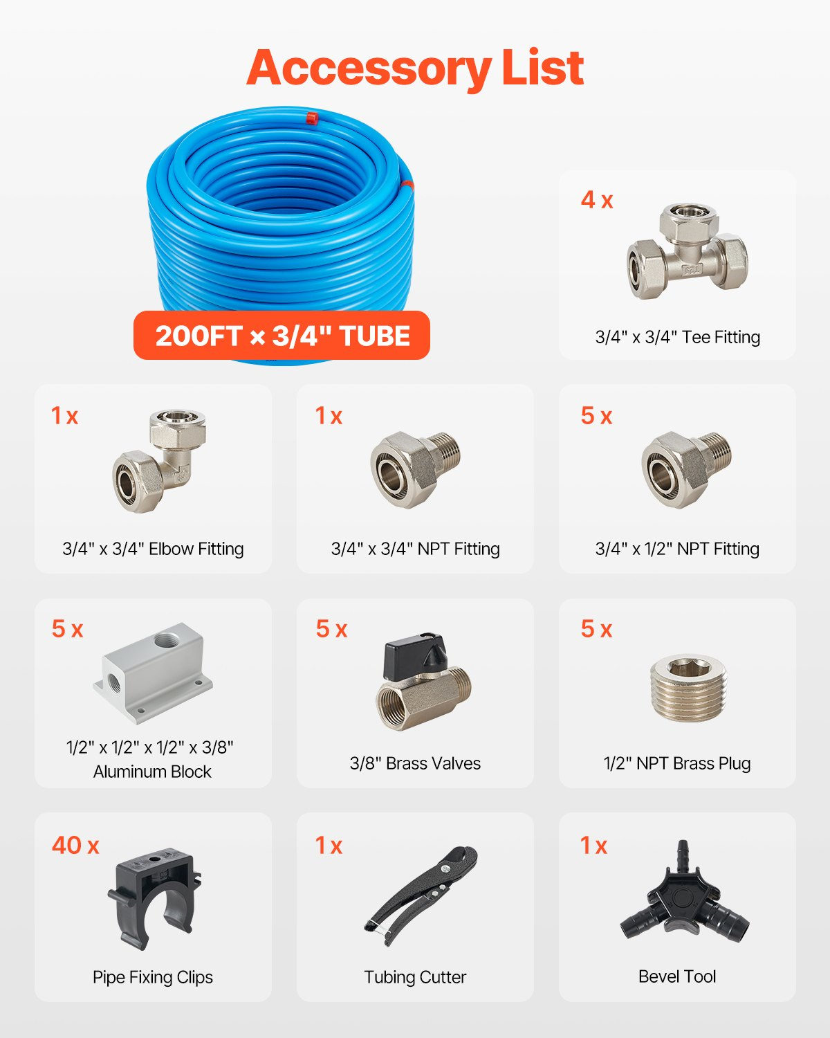 VEVOR Air Compressor Line Kit 3/4'' x 200FT HDPE-Aluminum Air Piping System Blue
