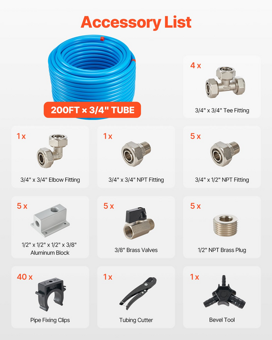 VEVOR Air Compressor Line Kit 3/4'' x 200FT HDPE-Aluminum Air Piping System Blue