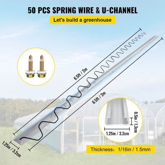 VEVOR Spring Wire and Lock Channel, 6.56ft Spring Lock & U-Channel Bundle for Greenhouse, 50 Packs PE Coated Spring Wire & Aluminum Alloy Channel, Plastic Poly Film or Shade Cloth Attachment with Scre