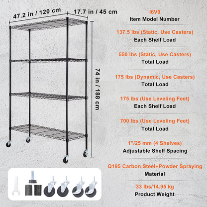 VEVOR Storage Shelving Unit with Wheels, 4-Tier Adjustable, 700 lbs Capacity, Heavy Duty Garage Shelves Metal Organizer Wire Rack, Black, 47.2" L x 17.7" W x 74" H for Kitchen Pantry Basement Bathroom