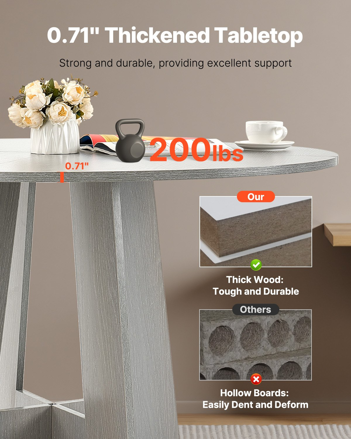 VEVOR 47 in Round Dining Table Wood Kitchen Table for 2-4 Person (Only Table)