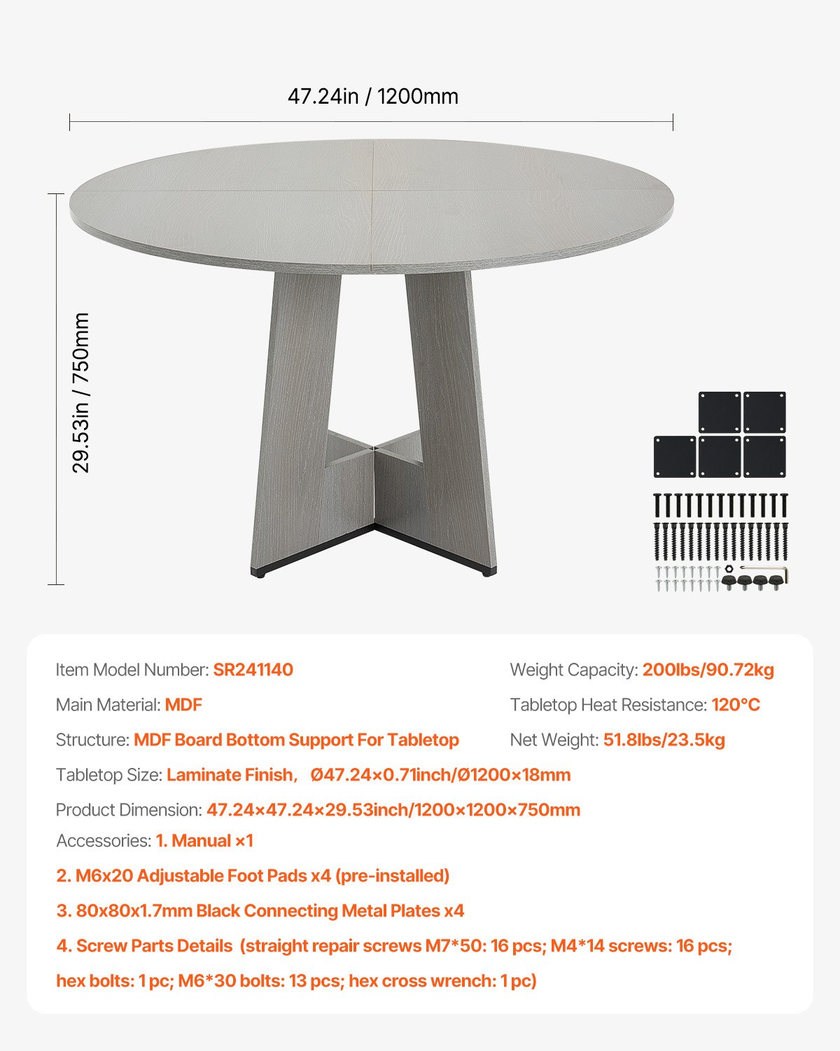 VEVOR 47 in Round Dining Table Wood Kitchen Table for 2-4 Person (Only Table)