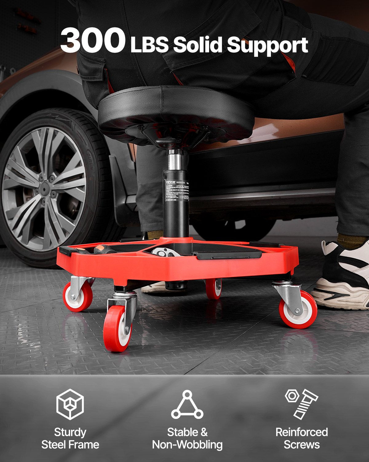 VEVOR Rolling Mechanic Stool Adjustable Garage Seat 300 lbs Load with Wheels