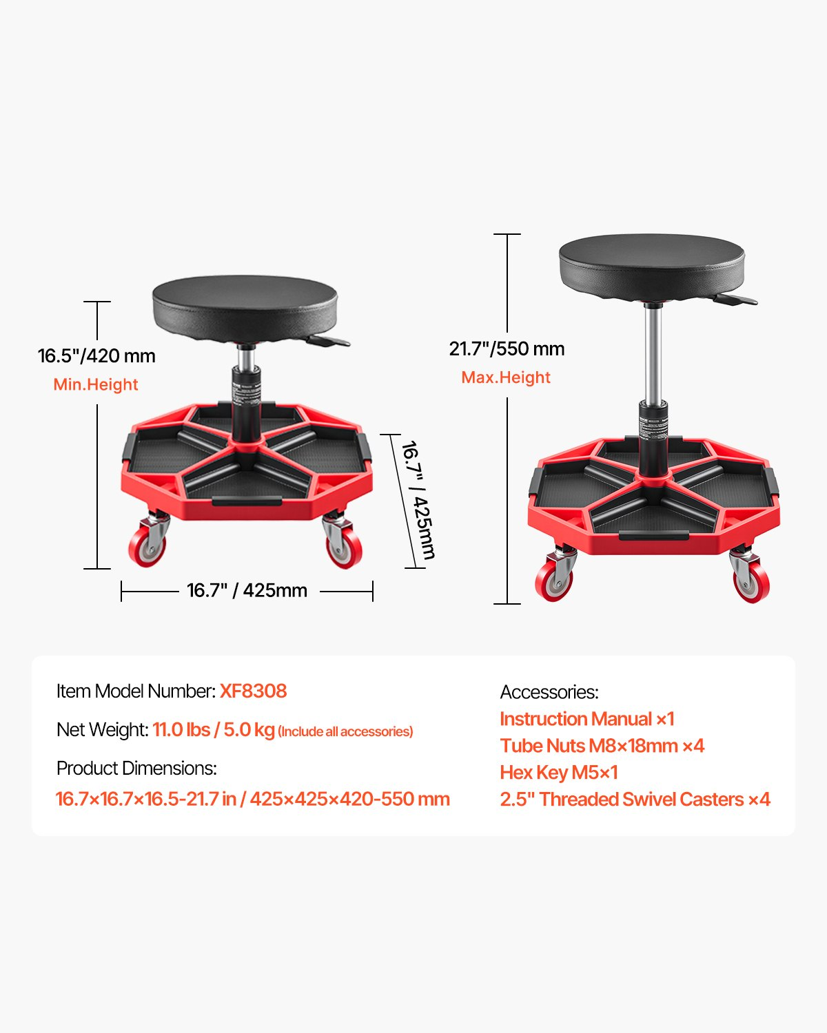 VEVOR Rolling Mechanic Stool Adjustable Garage Seat 300 lbs Load with Wheels