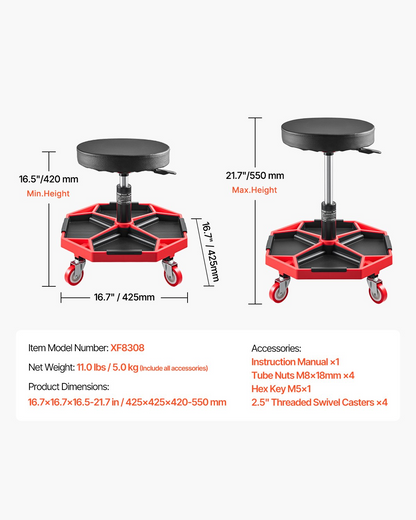 VEVOR Rolling Mechanic Stool Adjustable Garage Seat 300 lbs Load with Wheels
