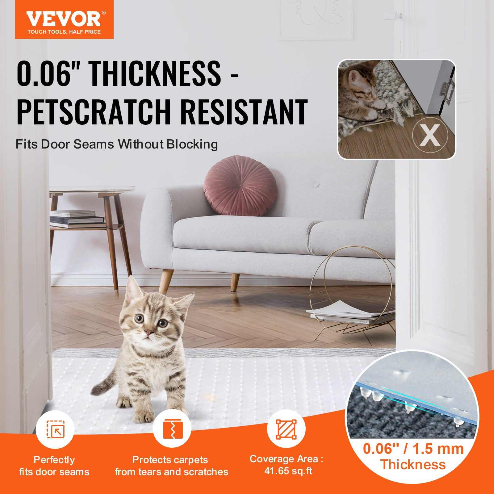 VEVOR Carpet Protector for Pets, 15" x 4' PVC Scratch-Proof Cat Carpet Protector for Doorway, Anti-Slip Cat Scratch Protector Mat, Easy to Cut Plastic Carpet Scratch Stopper, Cat Scratch Guard Carpet
