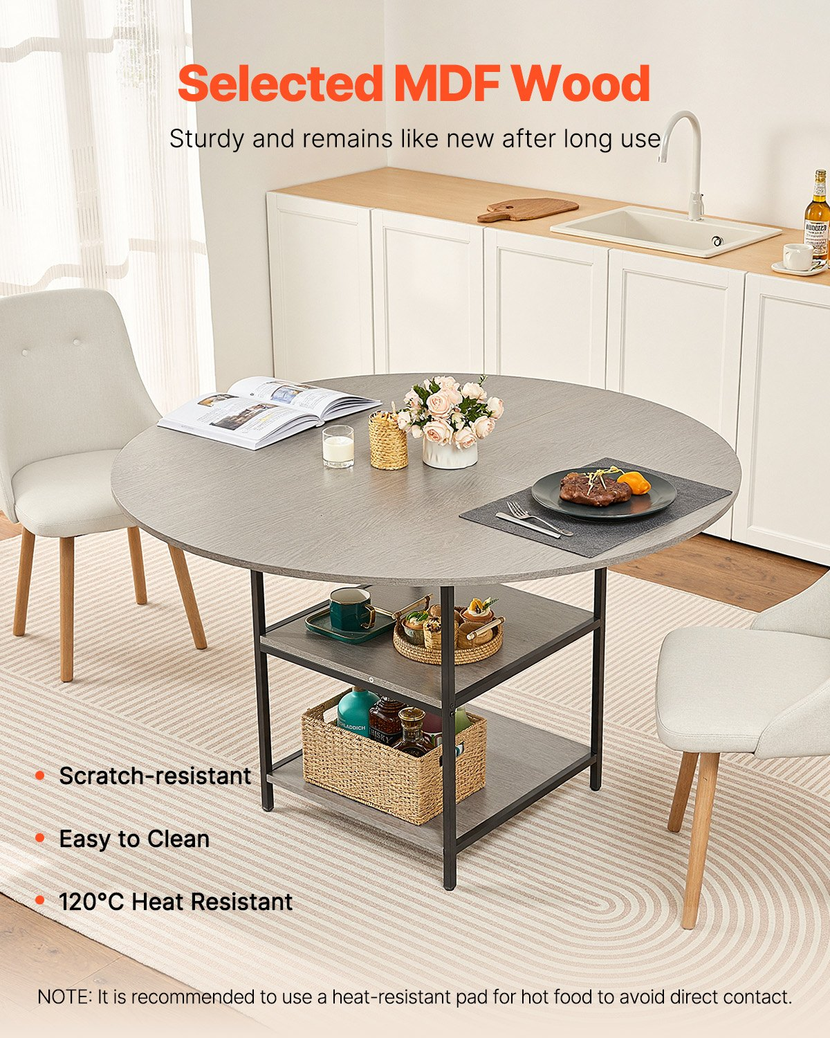 VEVOR 47 in Round Dining Table Wood Kitchen Table for 2-4 Person (Only Table)