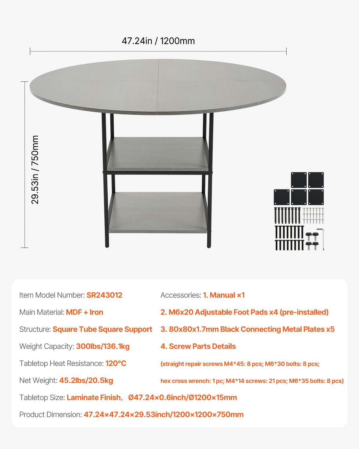 VEVOR 47 in Round Dining Table Wood Kitchen Table for 2-4 Person (Only Table)