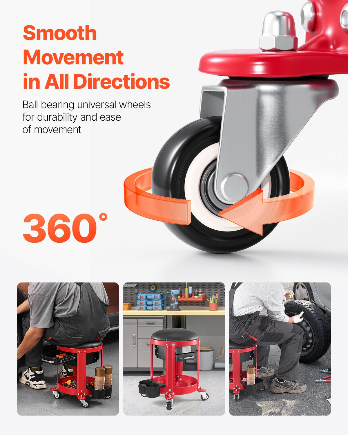 VEVOR Rolling Mechanic Stool Garage Seat 300 lbs Load with Wheels & Storage