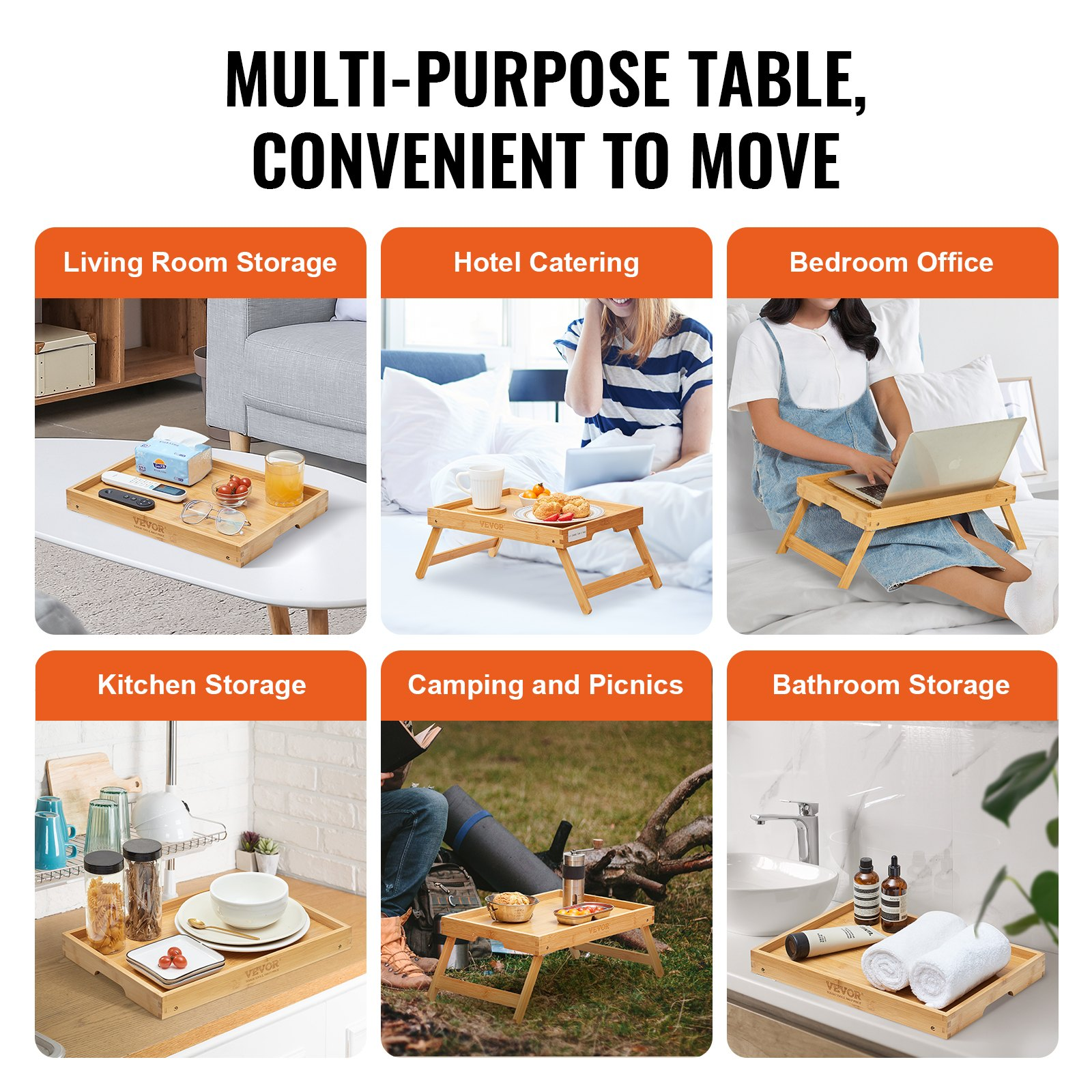 VEVOR 2-Pack Bed Tray Table with Foldable Legs, Bamboo Breakfast Tray for Sofa, Bed, Eating, Snacking, and Working, Folding Serving Laptop Desk Tray, Portable Food Snack Platter for Picnic, 15.7"x11"