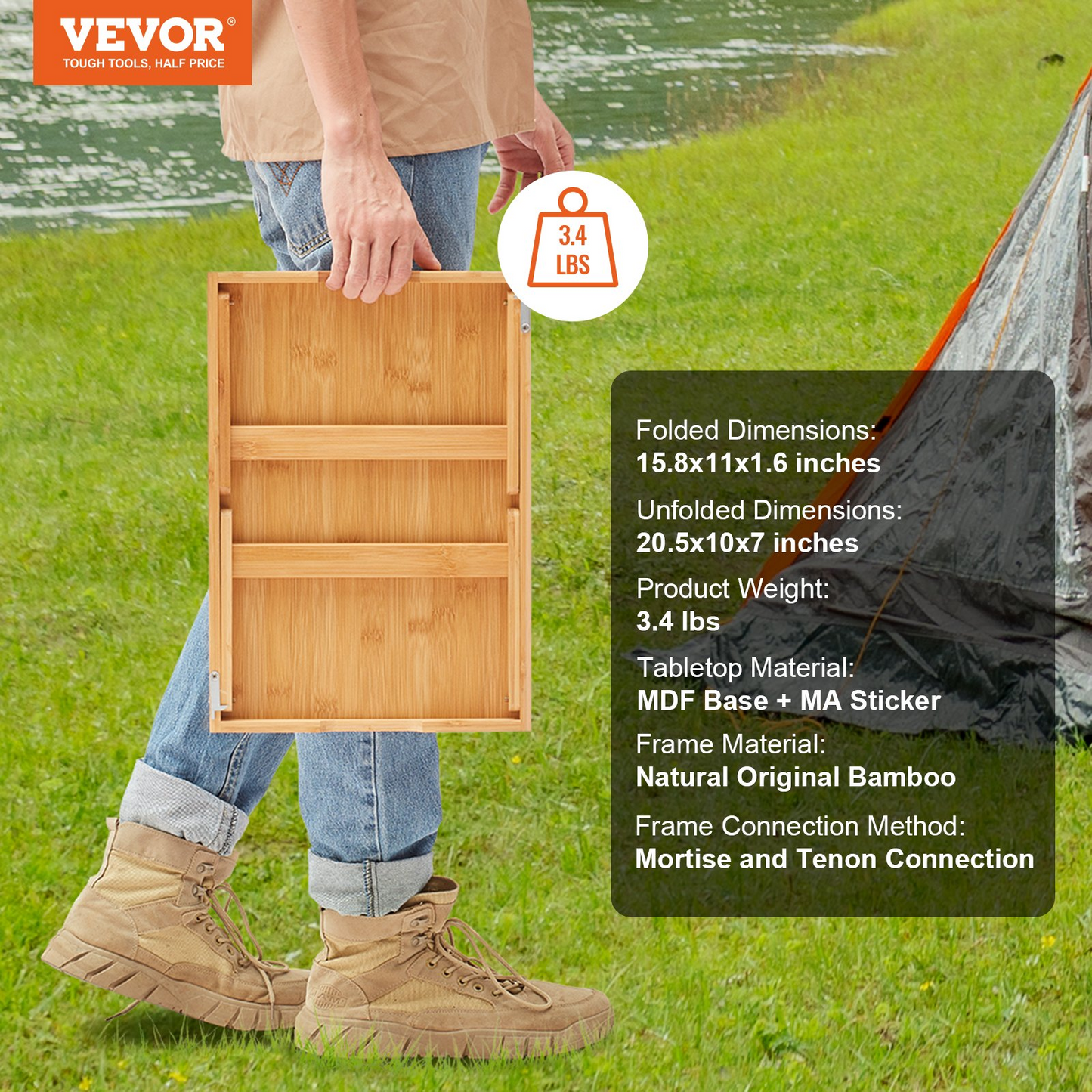 VEVOR 2-Pack Bed Tray Table with Foldable Legs, Bamboo Breakfast Tray for Sofa, Bed, Eating, Snacking, and Working, Folding Serving Laptop Desk Tray, Portable Food Snack Platter for Picnic, 15.7"x11"