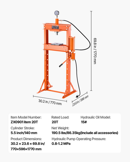 VEVOR 20 T Hydraulic Shop Press Hydraulic Press with Press Plate for Bending