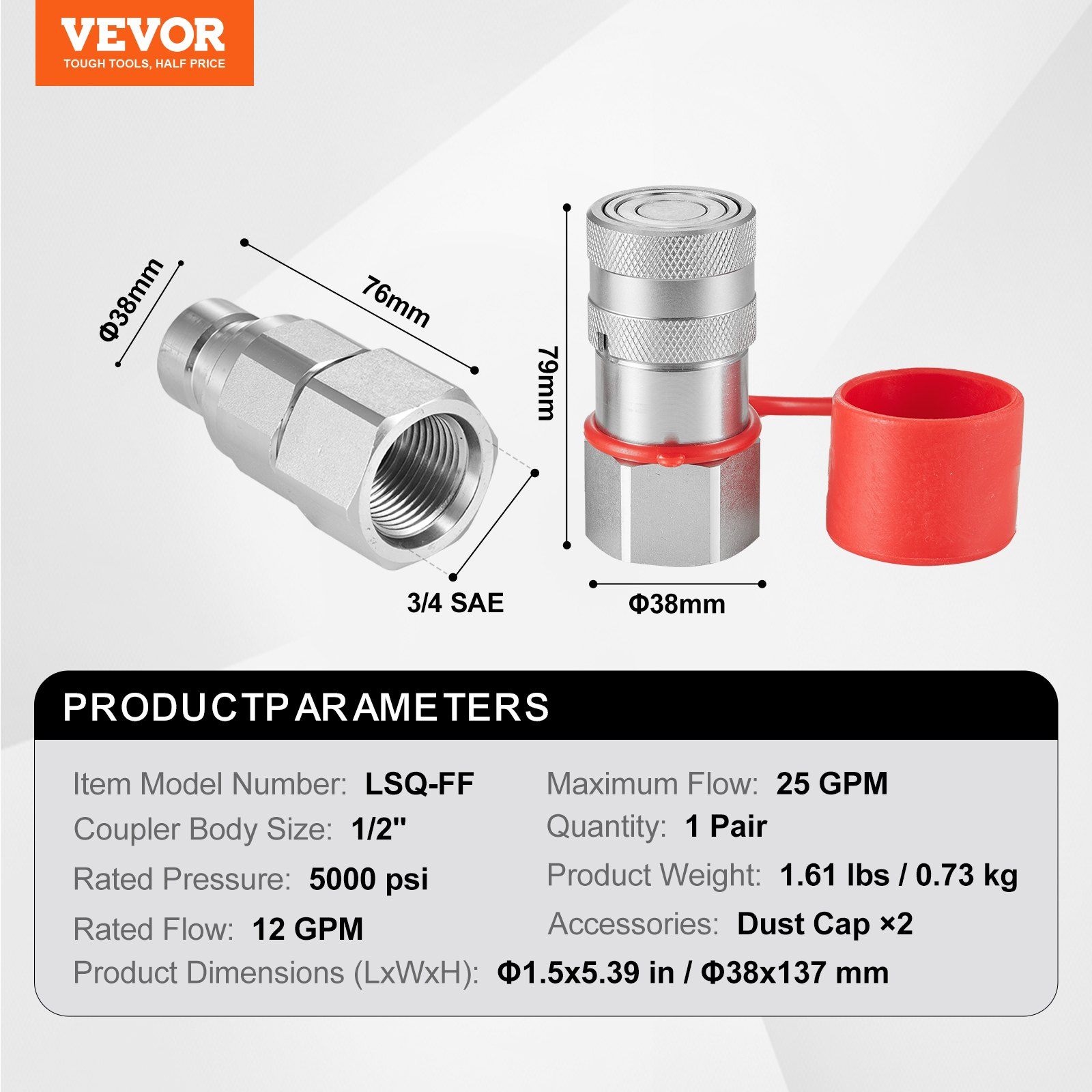 VEVOR 1/2" Flat Face Hydraulic Couplers 3/4 SAE Skid Steer Couplers 2 Dust Caps