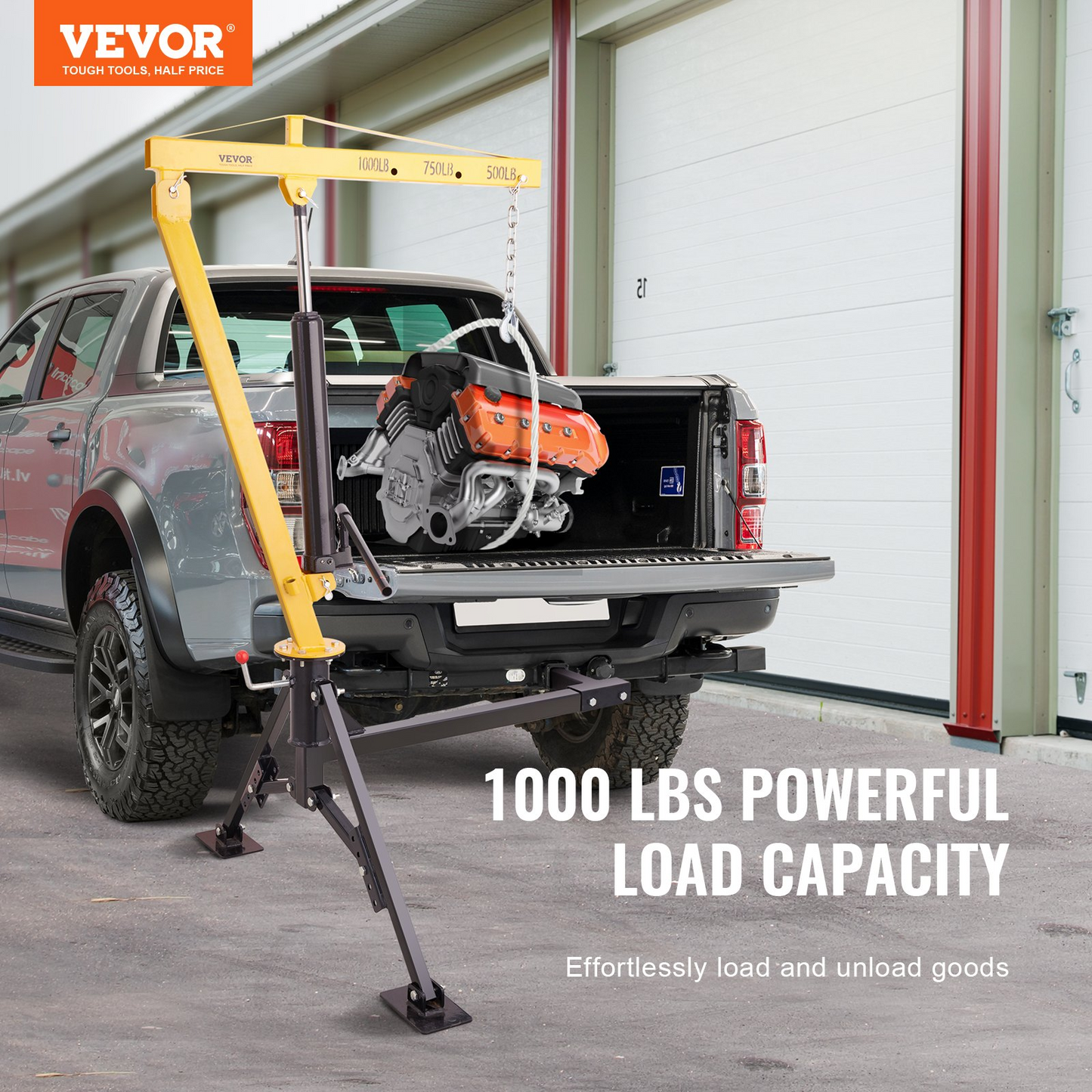VEVOR Hydraulic Pickup Truck Crane, 453.6 kg Capacity, 360° Swivel, Hitch Mounted Crane with Three Boom Capacities of 226.8 kg, 340.2 kg & 453.6 kg, for Lifting Goods in Construction, Forestry, Factory