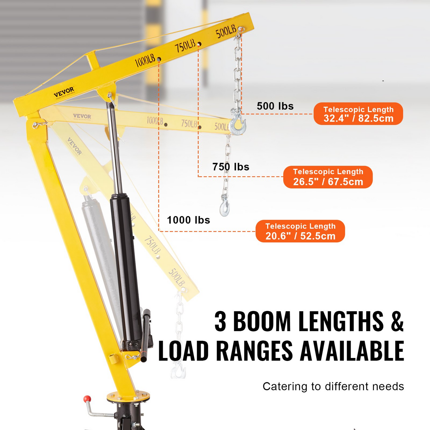 VEVOR Hydraulic Pickup Truck Crane, 453.6 kg Capacity, 360° Swivel, Hitch Mounted Crane with Three Boom Capacities of 226.8 kg, 340.2 kg & 453.6 kg, for Lifting Goods in Construction, Forestry, Factory