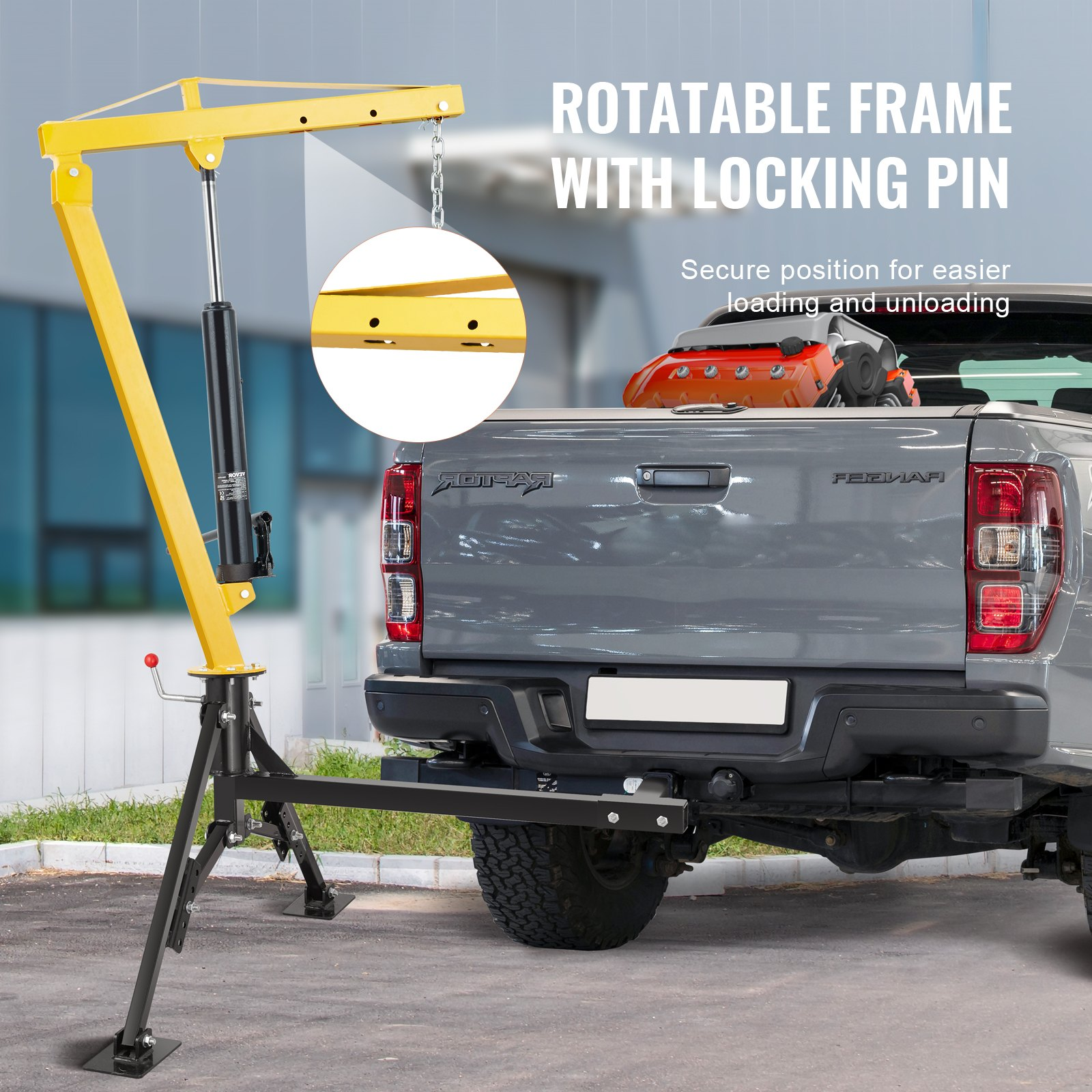VEVOR Hydraulic Pickup Truck Crane, 453.6 kg Capacity, 360° Swivel, Hitch Mounted Crane with Three Boom Capacities of 226.8 kg, 340.2 kg & 453.6 kg, for Lifting Goods in Construction, Forestry, Factory