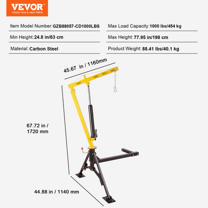 VEVOR Hydraulic Pickup Truck Crane, 453.6 kg Capacity, 360° Swivel, Hitch Mounted Crane with Three Boom Capacities of 226.8 kg, 340.2 kg & 453.6 kg, for Lifting Goods in Construction, Forestry, Factory