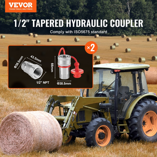 VEVOR 1/2" (1.3 cm) Tapered Hydraulic Couplers 1/2" (1.3 cm) NPT Skid Steer Couplers 4 Dust Caps