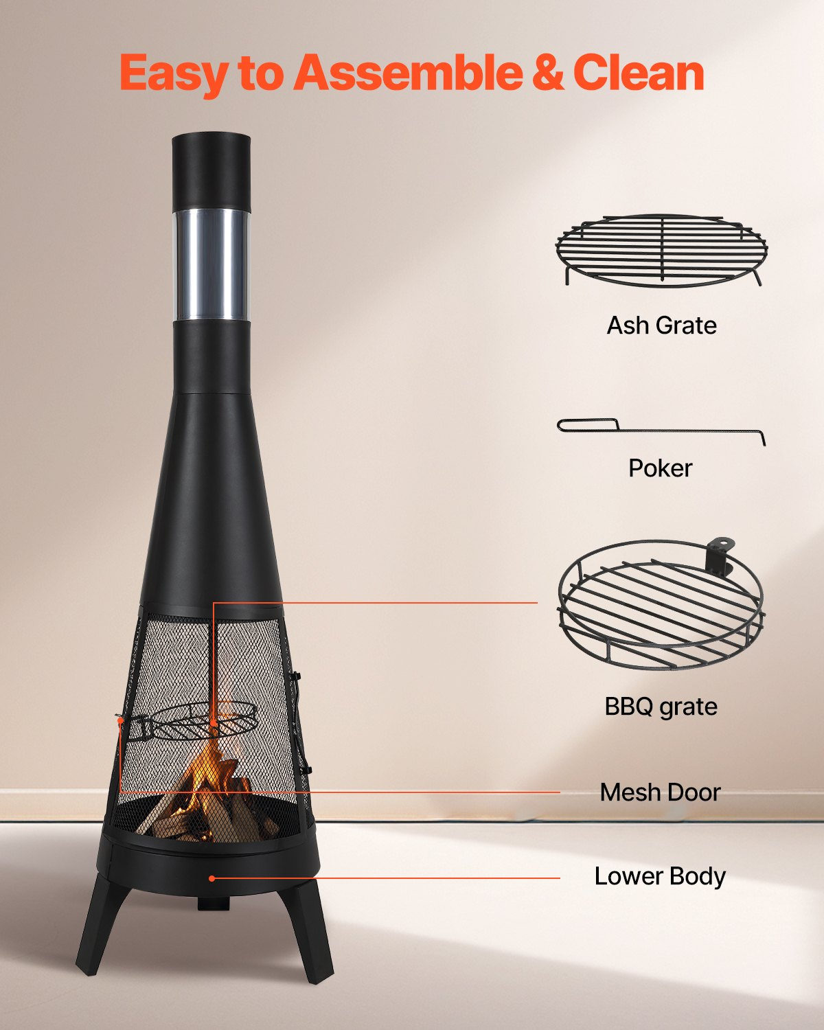 VEVOR 20 In Chiminea Outdoor Wood Burning Firepit with Grill Mesh & Chimney Coat