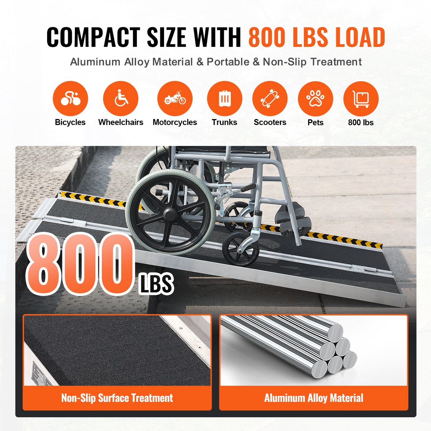 VEVOR Portable Wheelchair Ramp, 121.9 cm 362.9 kg Capacity, Non-Slip Aluminum Folding Threshold Ramp, Foldable Mobility Scooter Ramp Wheel Chair Ramp, Handicap Ramp for Home Steps, Stairs, Doorways, Curbs
