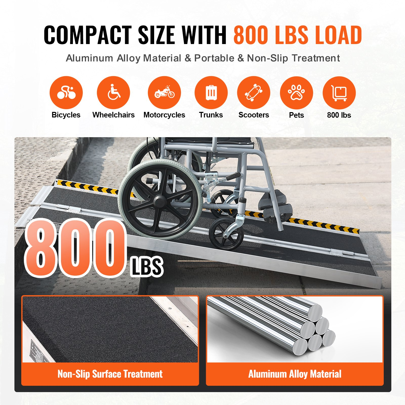VEVOR Portable Wheelchair Ramp, 121.9 cm 362.9 kg Capacity, Non-Slip Aluminum Folding Threshold Ramp, Foldable Mobility Scooter Ramp Wheel Chair Ramp, Handicap Ramp for Home Steps, Stairs, Doorways, Curbs