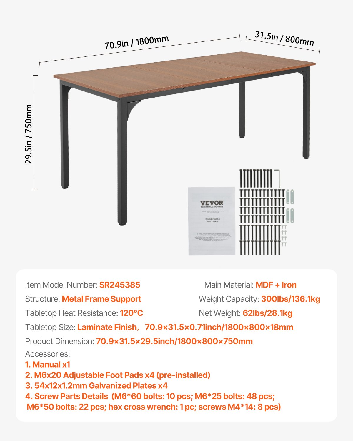 VEVOR 71in Rectangle Dining Table Wood Kitchen Table for 6-8 Person (Only Table)