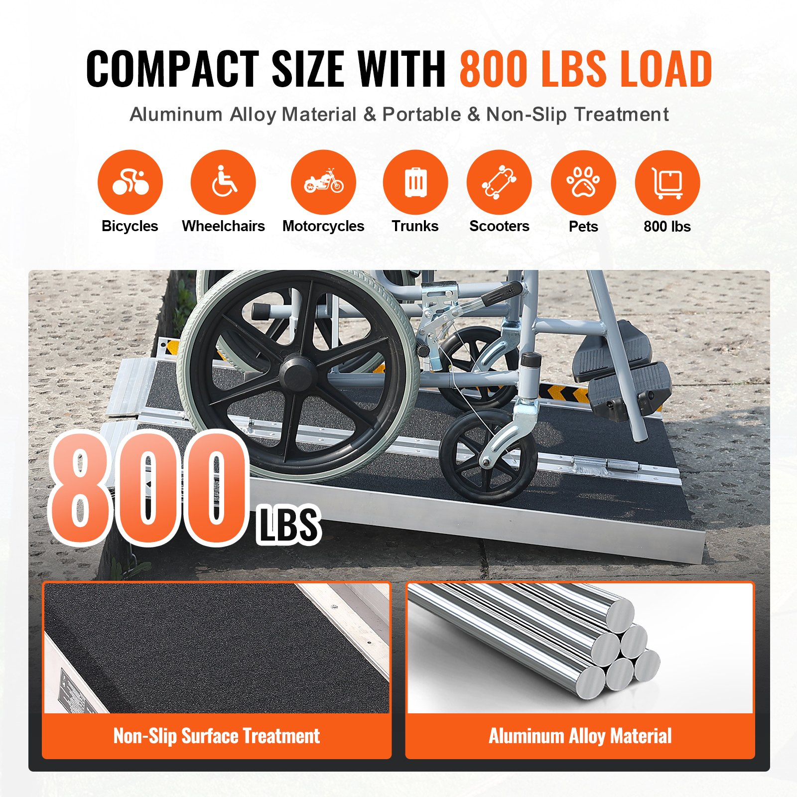 VEVOR Portable Wheelchair Ramp, 61 cm 362.9 kg Capacity, Non-Slip Aluminum Folding Threshold Ramp, Foldable Mobility Scooter Ramp Wheel Chair Ramp, Handicap Ramp for Home Steps, Stairs, Doorways, Curbs