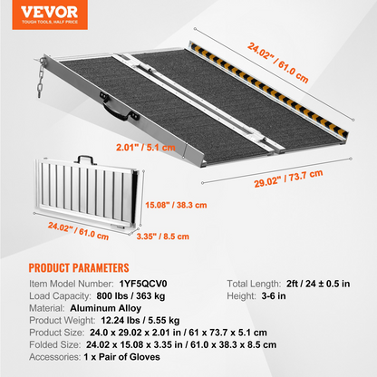 VEVOR Portable Wheelchair Ramp, 61 cm 362.9 kg Capacity, Non-Slip Aluminum Folding Threshold Ramp, Foldable Mobility Scooter Ramp Wheel Chair Ramp, Handicap Ramp for Home Steps, Stairs, Doorways, Curbs