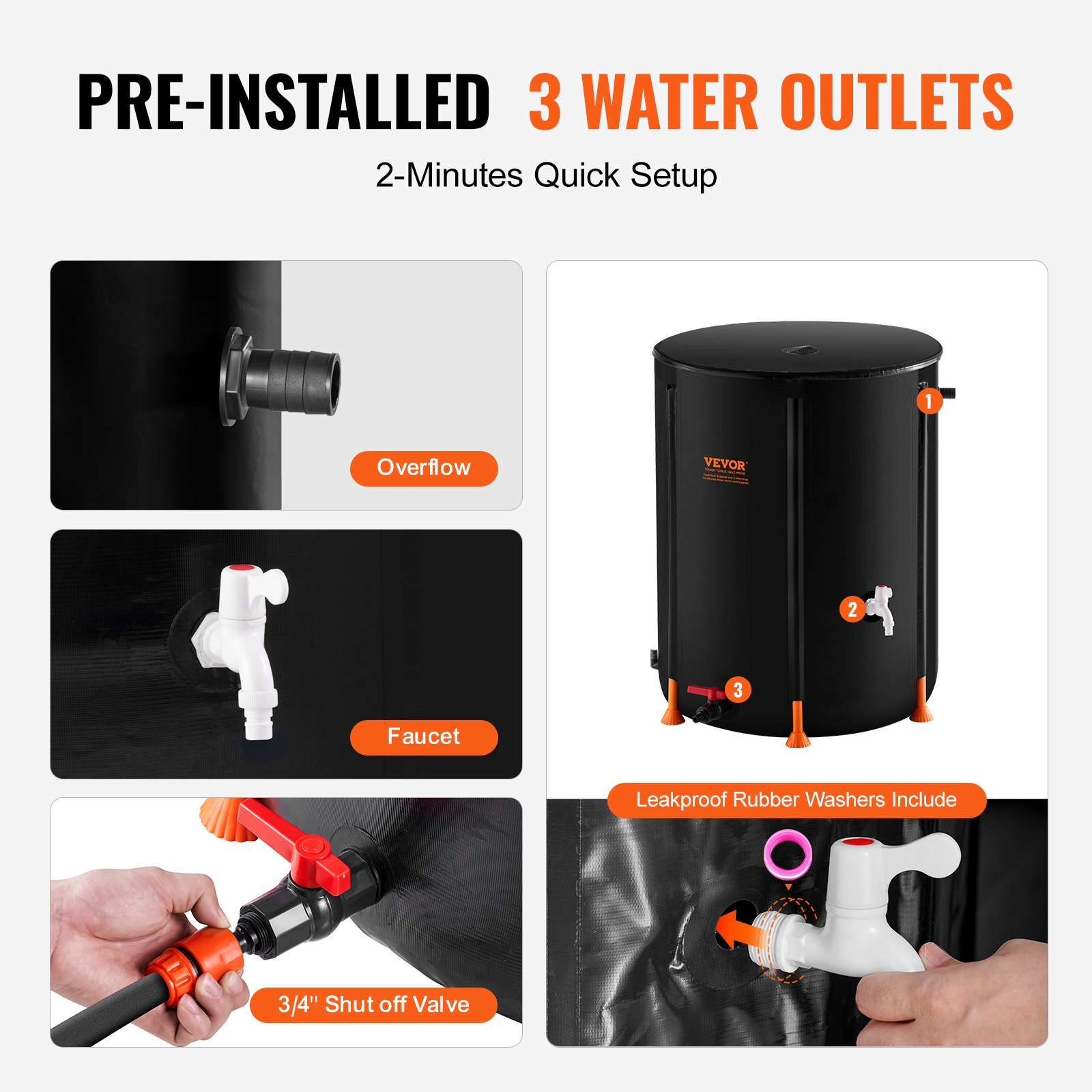 VEVOR Collapsible Rain Barrel 53 Gal Rain Catcher with Spigots and Overflow Kit