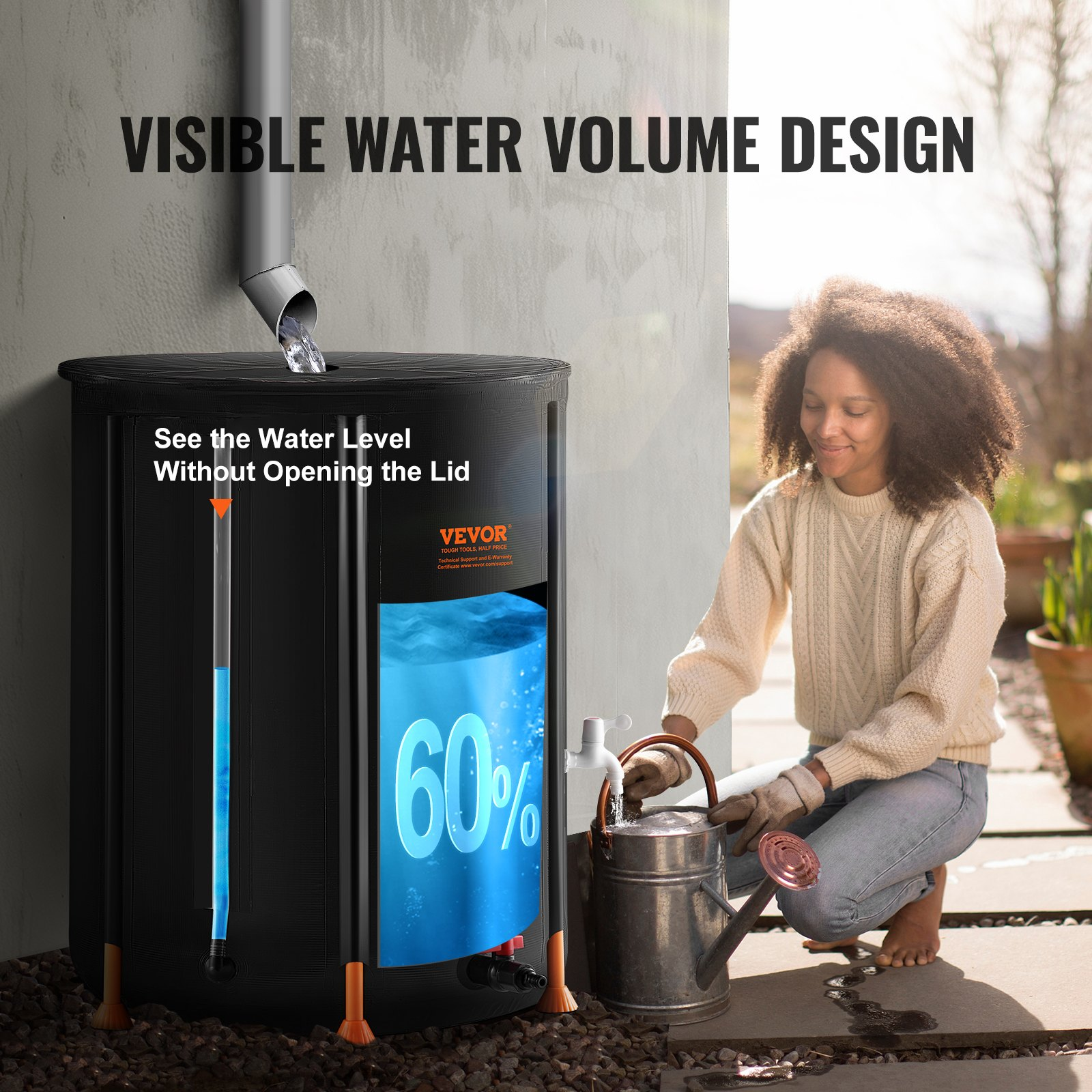 VEVOR Collapsible Rain Barrel 53 Gal Rain Catcher with Spigots and Overflow Kit