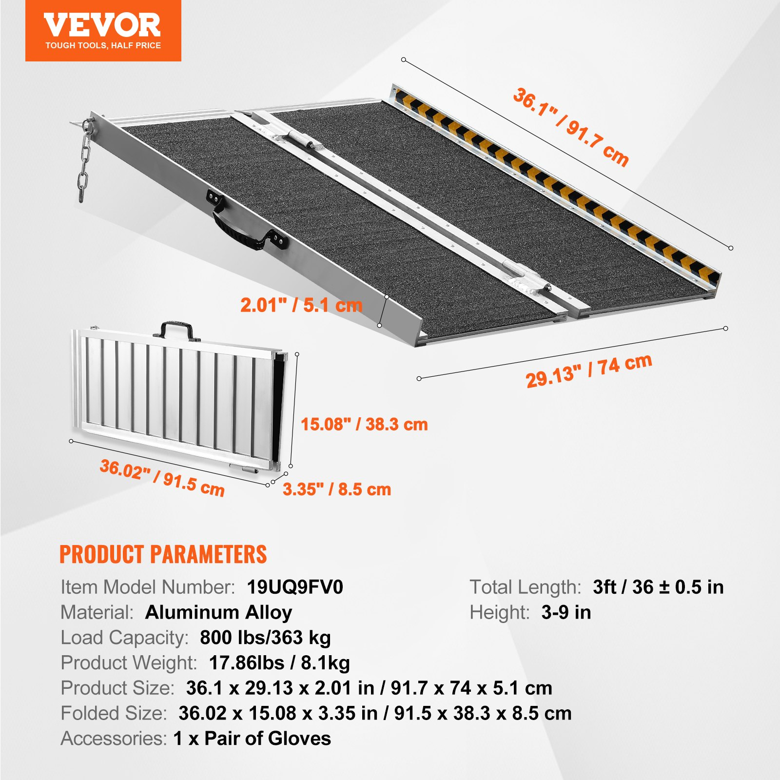 VEVOR Portable Wheelchair Ramp, 91.4 cm 362.9 kg Capacity, Non-Slip Aluminum Folding Threshold Ramp, Foldable Mobility Scooter Ramp Wheel Chair Ramp, Handicap Ramp for Home Steps, Stairs, Doorways, Curbs