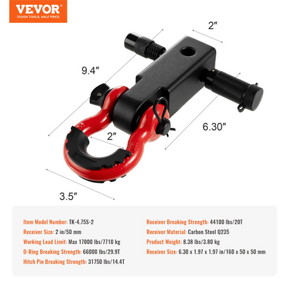 VEVOR 2" Trailer Shackle Hitch Receiver D-Ring Recovery for Truck Jeep 66000 lbs