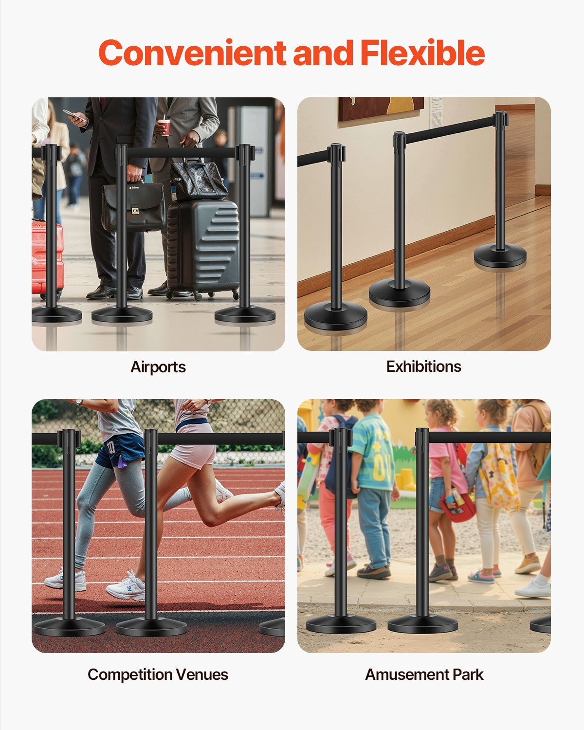 VEVOR 4 Pcs Stanchion Post with 4 Retractable Belts & Sand Injection Hollow Base