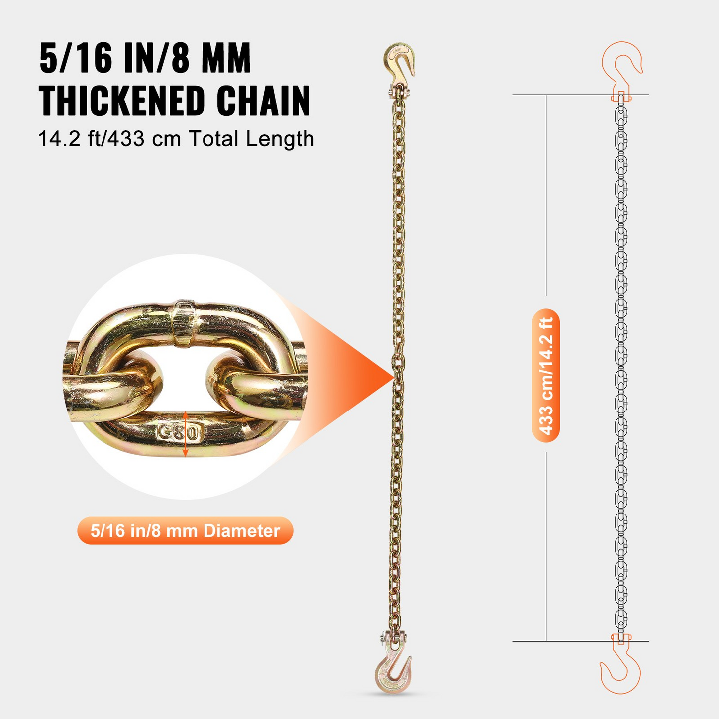 VEVOR Binder Chain G80 Tie Down Tow Chain with Two Hooks 5/16" x 14.2' 4900 lbs