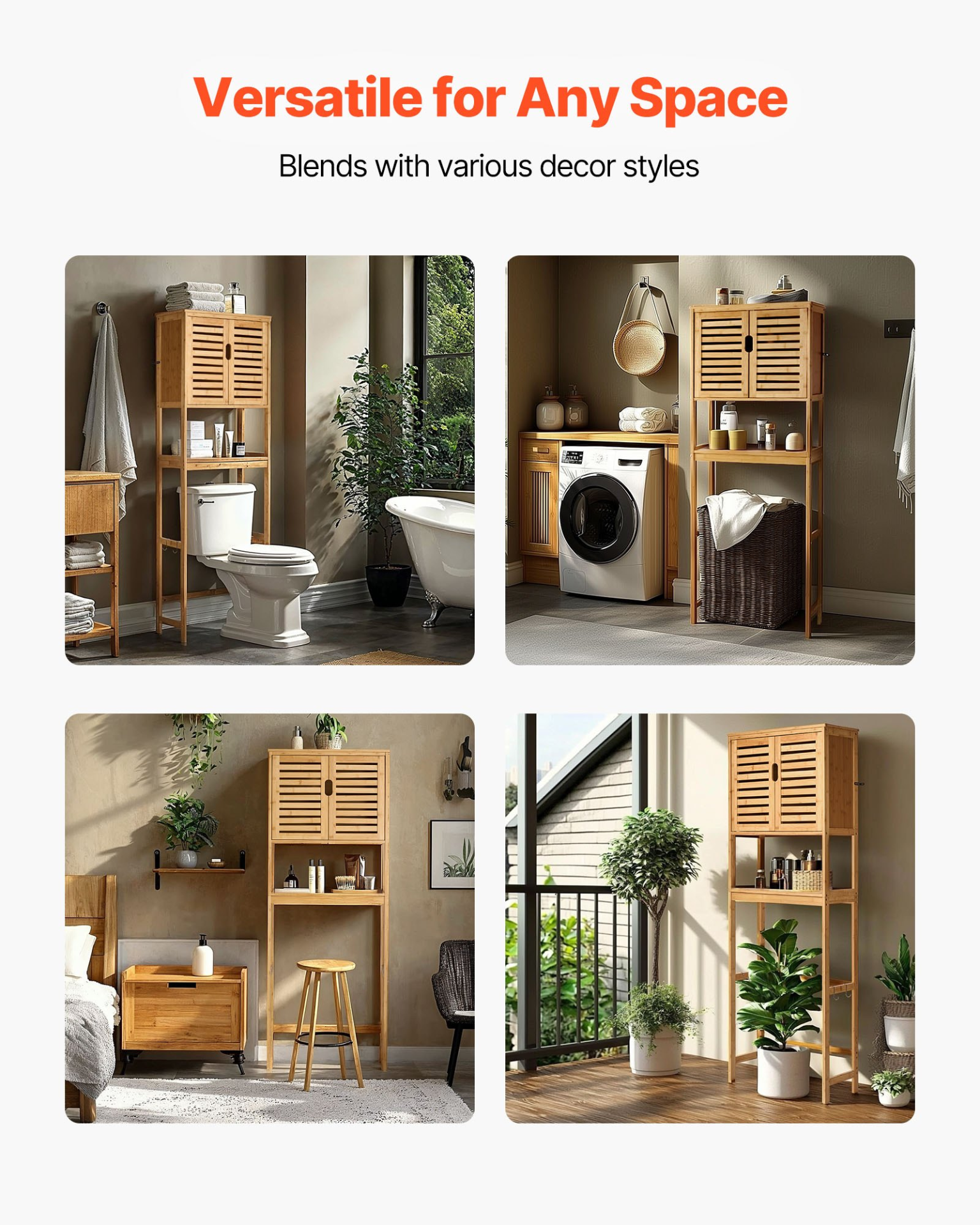 VEVOR Bamboo Over The Toilet Storage Cabinet with Adjustable Shelf 68.9" H