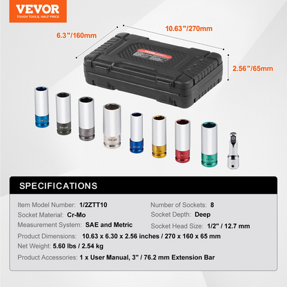 VEVOR Lug Nut Impact Socket Set 1/2 in Drive Metric and SAE 6-Point Deep Socket