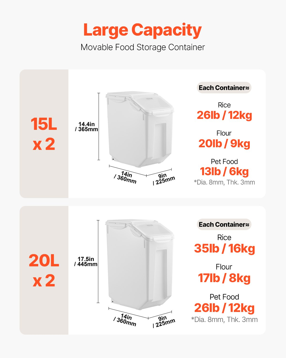 VEVOR 15Lx2 + 20Lx2 Ingredient Storage Container Airtight Kitchen Flour Bin