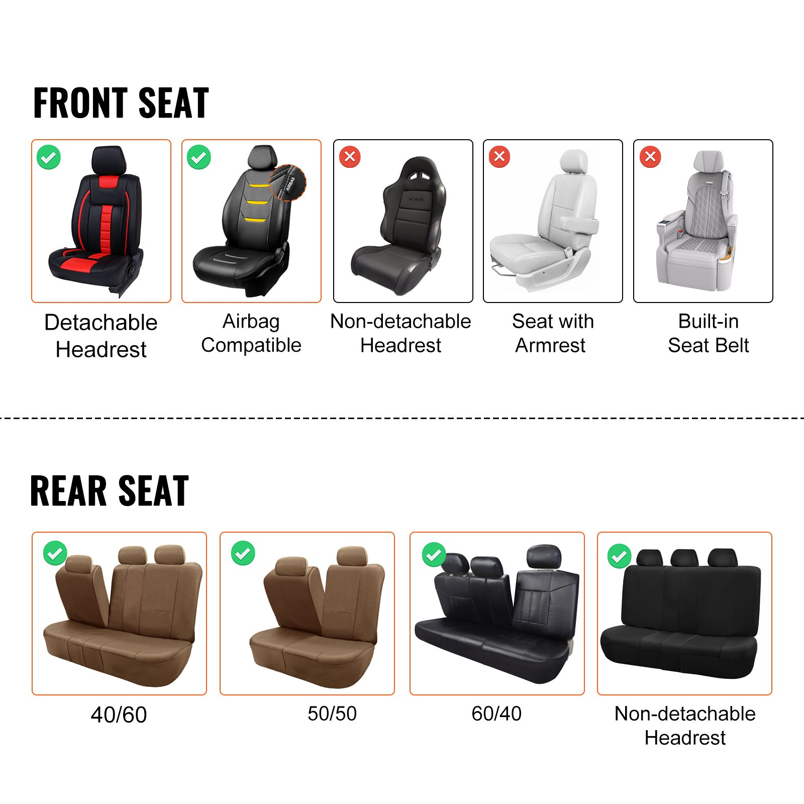 VEVOR Seat Covers, Universal Car Seat Covers Full Set Seats, Front and Rear Seat, 13pcs Faux Leather Seat Cover, Full Enclosed Design, Detachable Headrest and Airbag Compatible, for Most Car SUV Truck