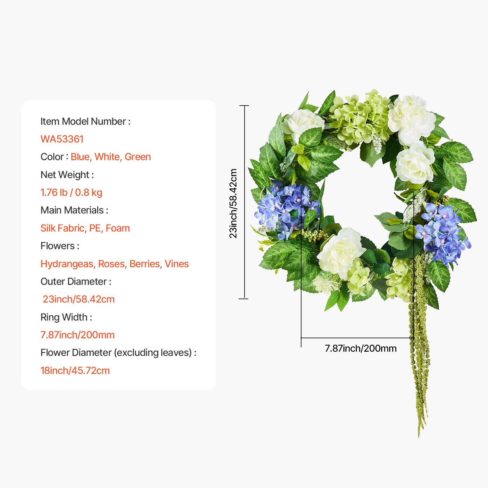 VEVOR Artificial Decorative Wreath 23 in Blue White Green with Hydrangeas Roses