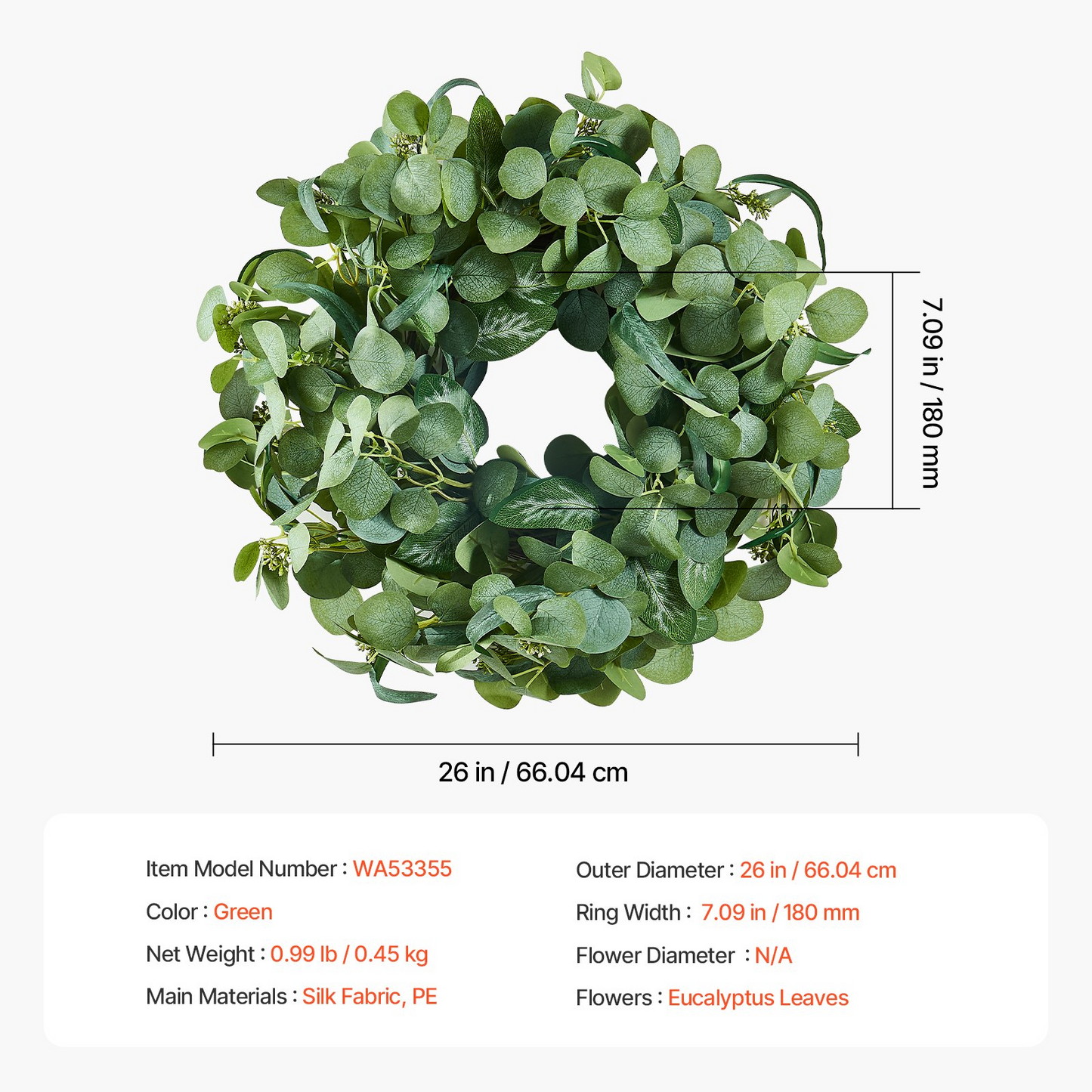 VEVOR Artificial Decorative Wreath 26 in Green Eucalyptus Leaves Year Round