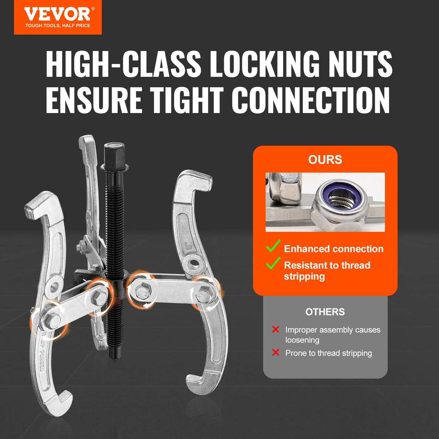 VEVOR Gear Puller Set, 76.2 mm 101.6 mm 152.4 mm 203.2 mm Puller Kit, 3 Jaw Gear Bearing Flywheel Pulley Removal Tool, 2 or 3 Reversible Jaws Wheel Puller, Vertically and Horizontally, External and Internal, 4-Piece