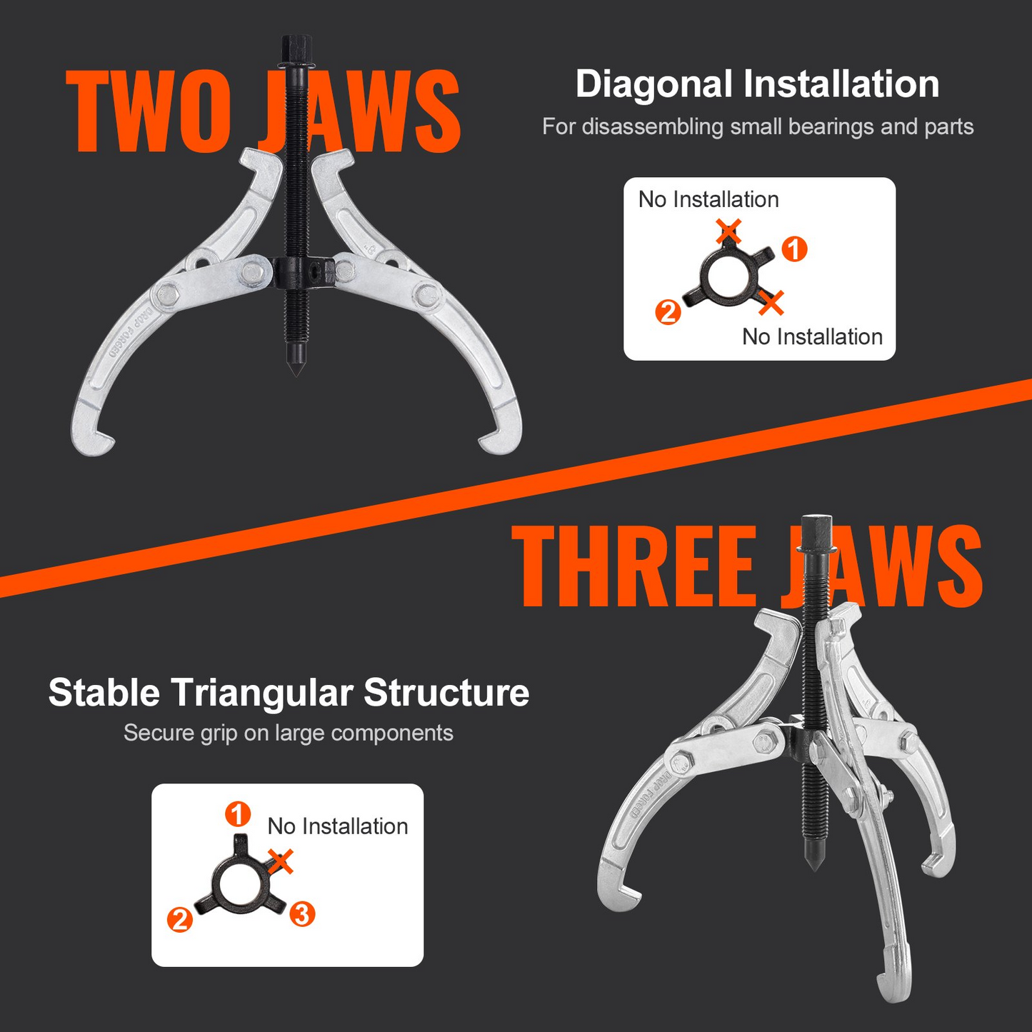 VEVOR Gear Puller Set, 76.2 mm 101.6 mm 152.4 mm 203.2 mm Puller Kit, 3 Jaw Gear Bearing Flywheel Pulley Removal Tool, 2 or 3 Reversible Jaws Wheel Puller, Vertically and Horizontally, External and Internal, 4-Piece