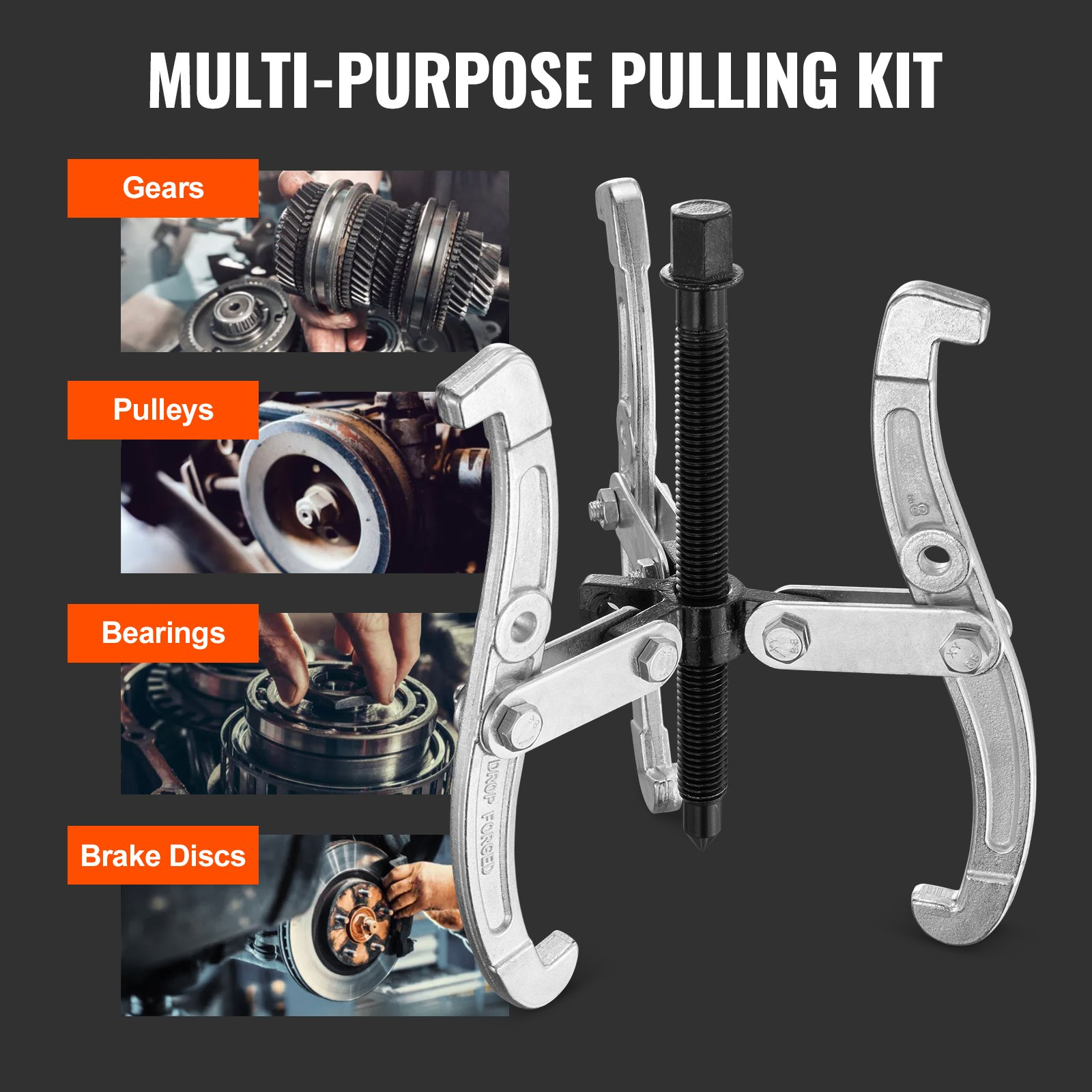 VEVOR Gear Puller Set, 76.2 mm 101.6 mm 152.4 mm 203.2 mm Puller Kit, 3 Jaw Gear Bearing Flywheel Pulley Removal Tool, 2 or 3 Reversible Jaws Wheel Puller, Vertically and Horizontally, External and Internal, 4-Piece