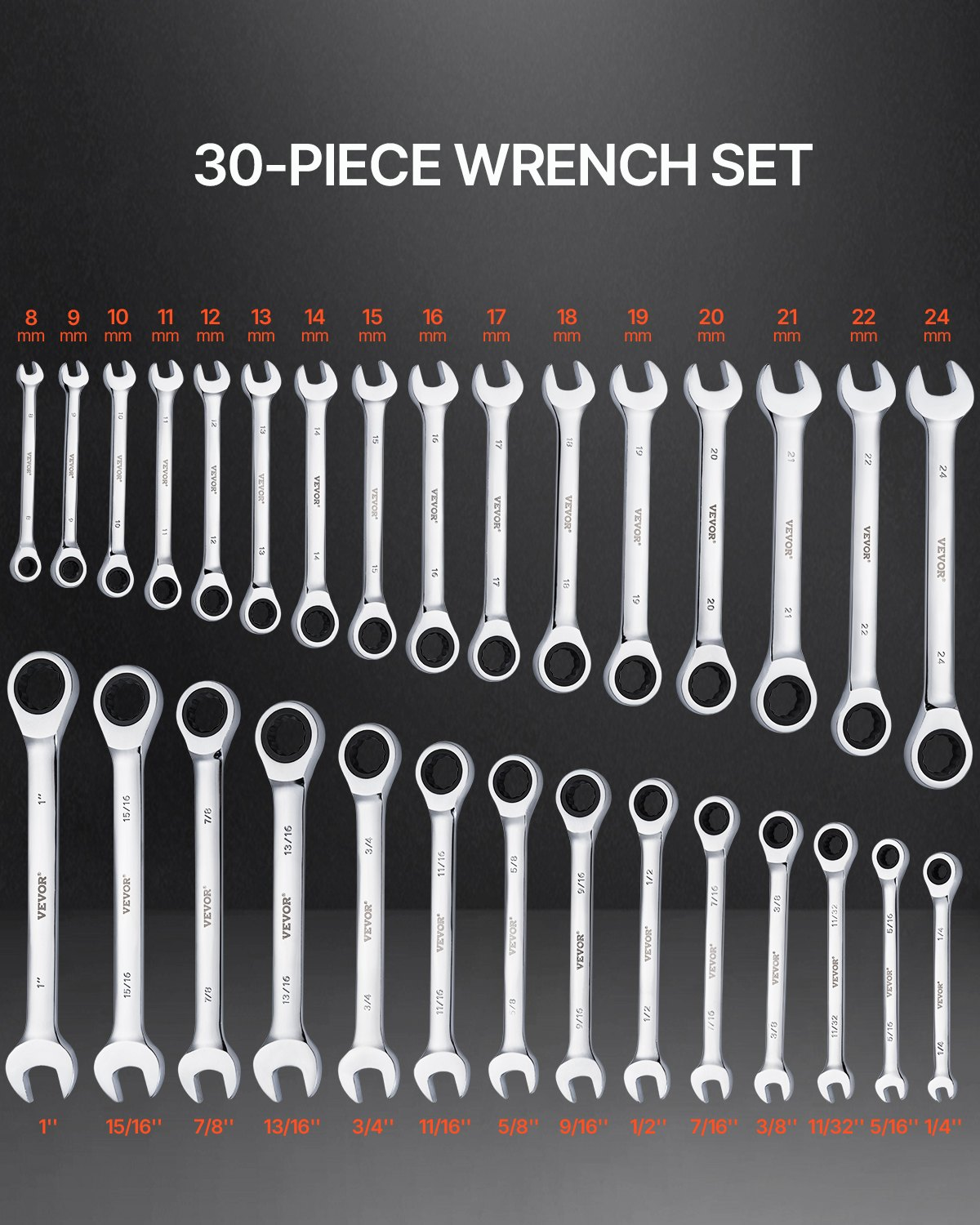 VEVOR Combination Wrench Set 30 PCS SAE 1/4" to 1", Metric 8-24mm Organizer Rack