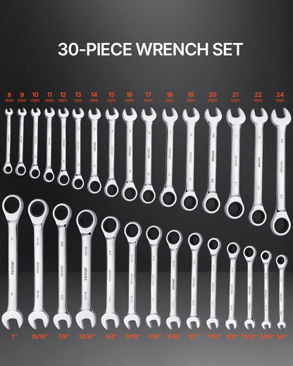 VEVOR Combination Wrench Set 30 PCS SAE 1/4" to 1", Metric 8-24mm Organizer Rack