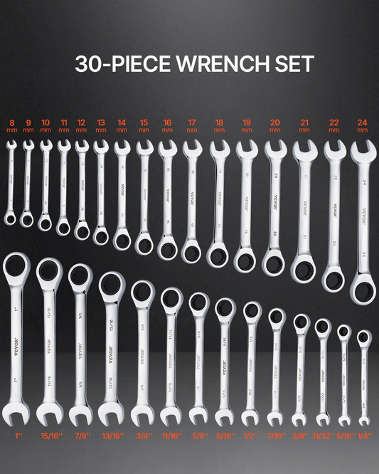 VEVOR Combination Wrench Set 30 PCS SAE 1/4" to 1", Metric 8-24mm Organizer Rack