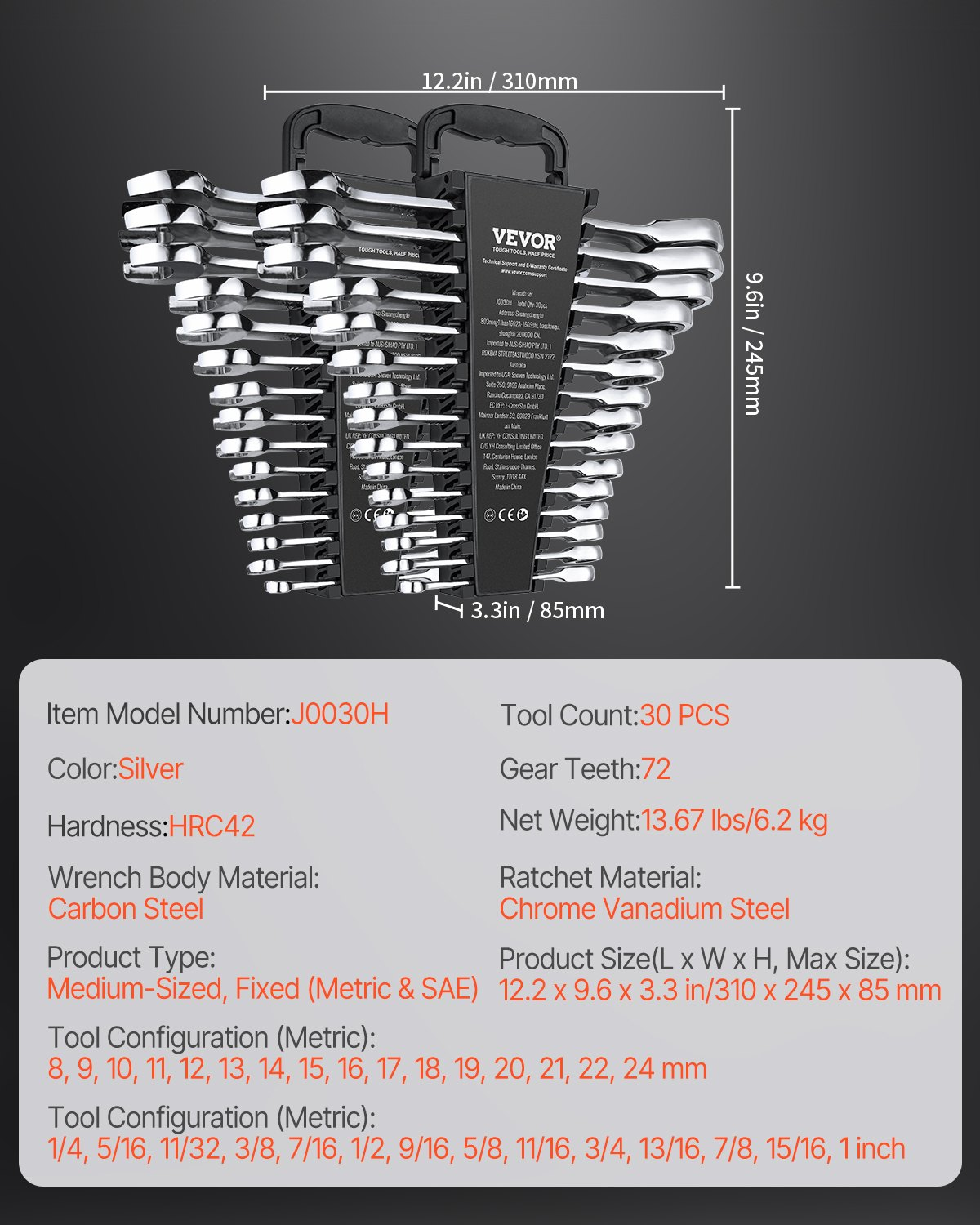 VEVOR Combination Wrench Set 30 PCS SAE 1/4" to 1", Metric 8-24mm Organizer Rack