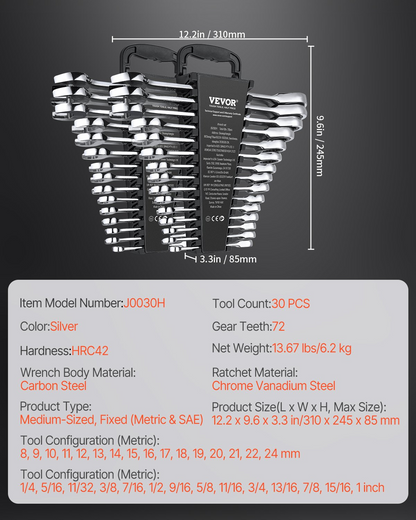 VEVOR Combination Wrench Set 30 PCS SAE 1/4" to 1", Metric 8-24mm Organizer Rack
